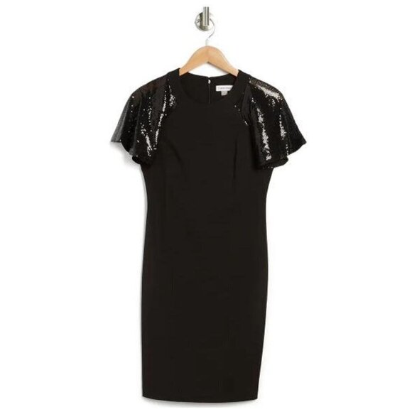 Calvin Klein Womens Black Sequins Short Sleeve Sheath Cocktail Dress Sz 10 New - Picture 2 of 11